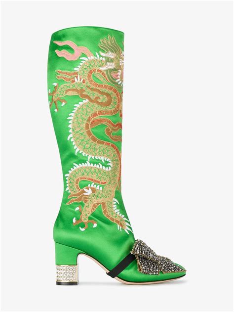 Ladies Green Candy Dragon Embroidered Satin Knee